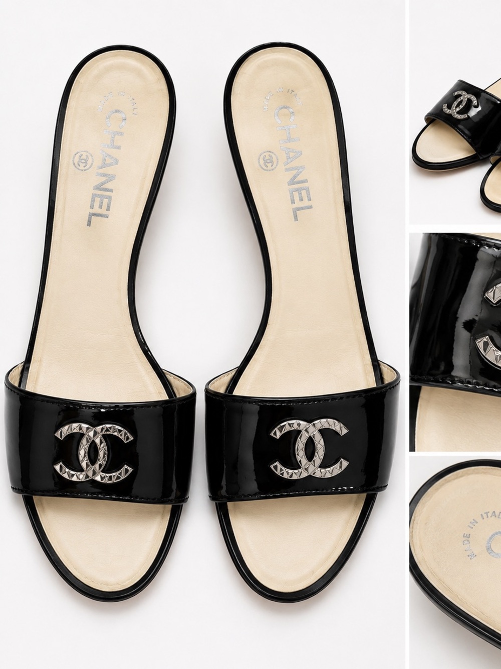 CHANEL Black Patent Leather Slide Mules with Silver CC Logo - Picture 11 of 11